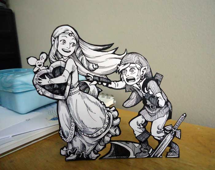 Zelda running away with a heart.