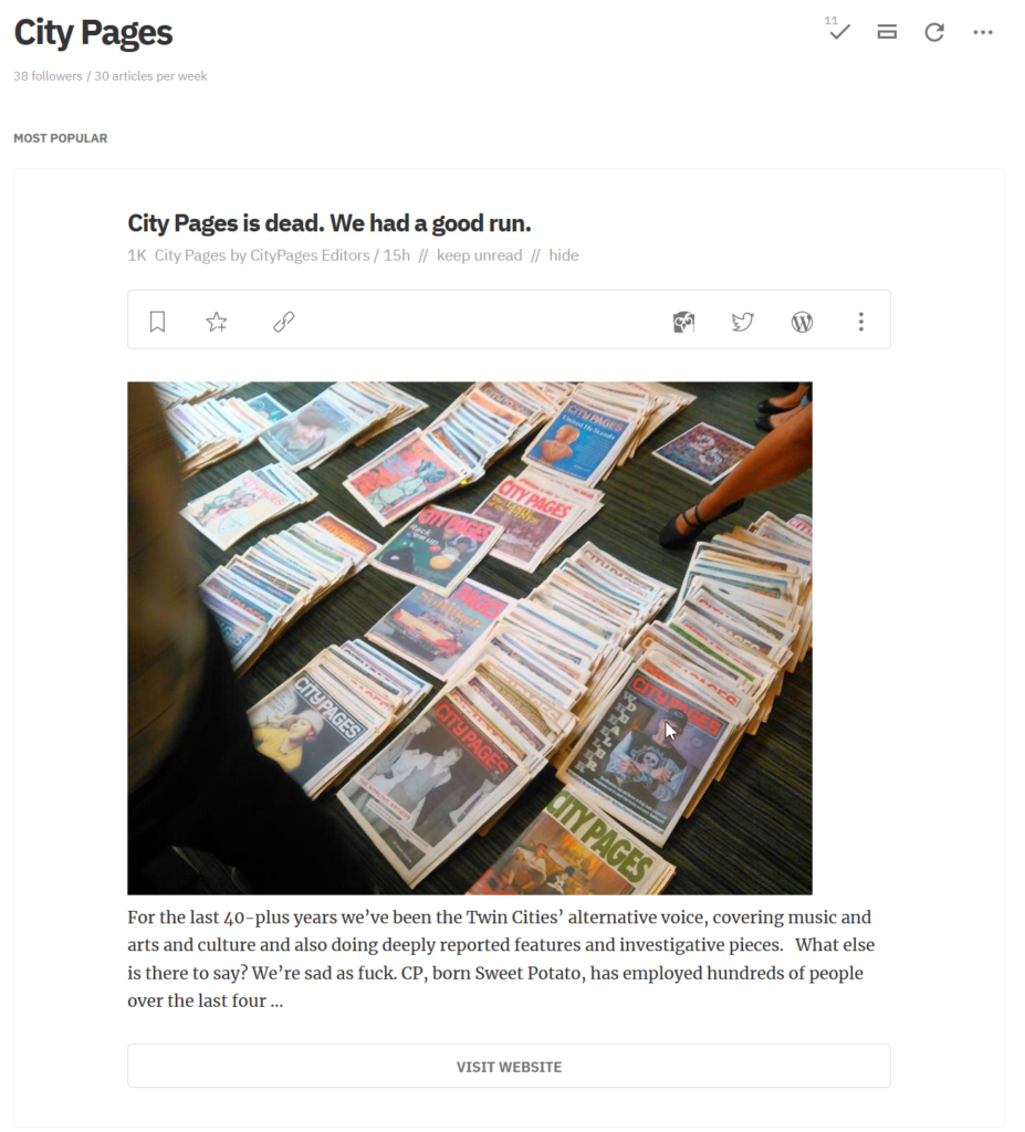 Screenshot of RSS reader "City Pages is dead. We had a good run."