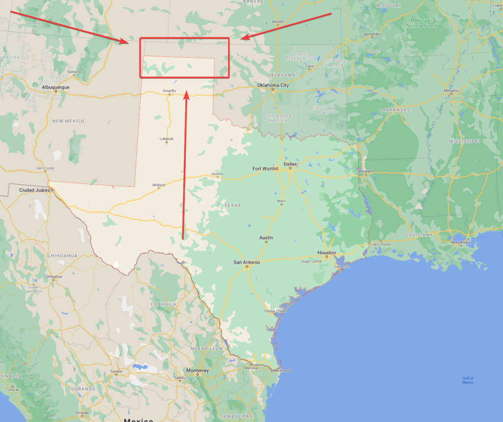 Map of Texas pointing to the no-mans-land that became the Oklahoma Panhandle