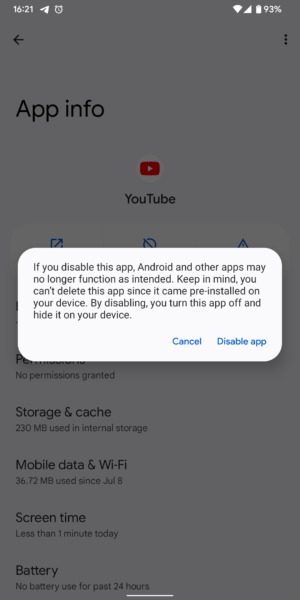 YouTube App Info on Android 12