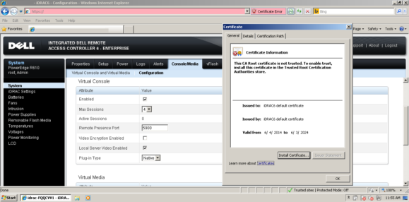 iDRAC6 - Configuration page, with CA Root Certification Information for the website showing an expiration date of 2024/June/03