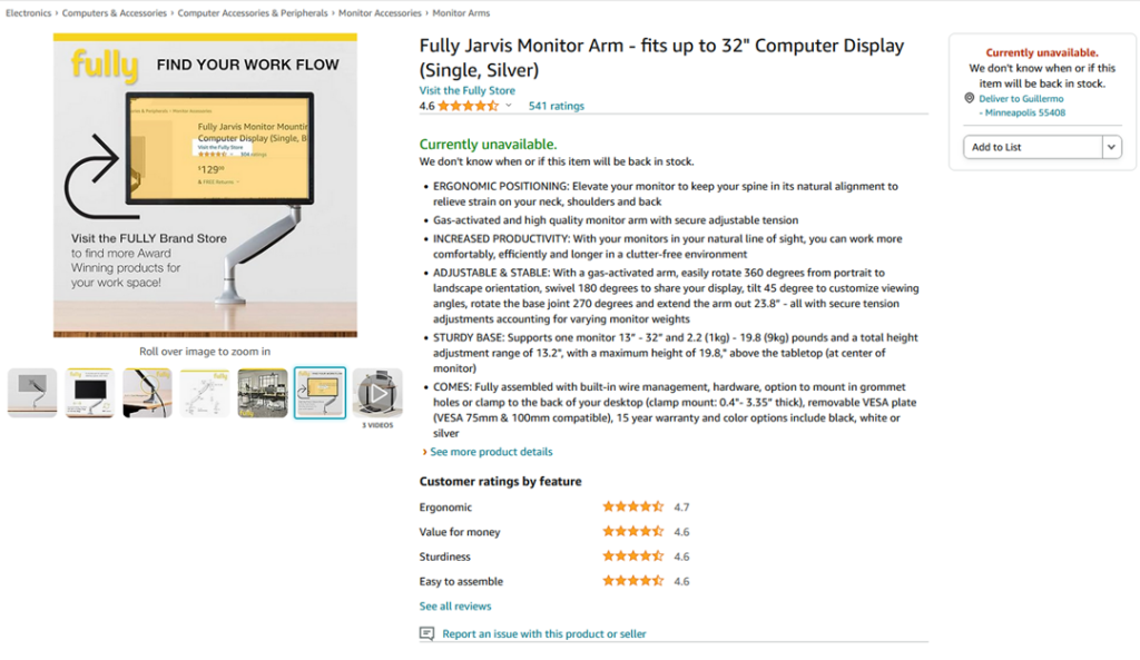 Fully Jarvis Monitor Arm - fits up to 32" Computer Display (Single, Silver)